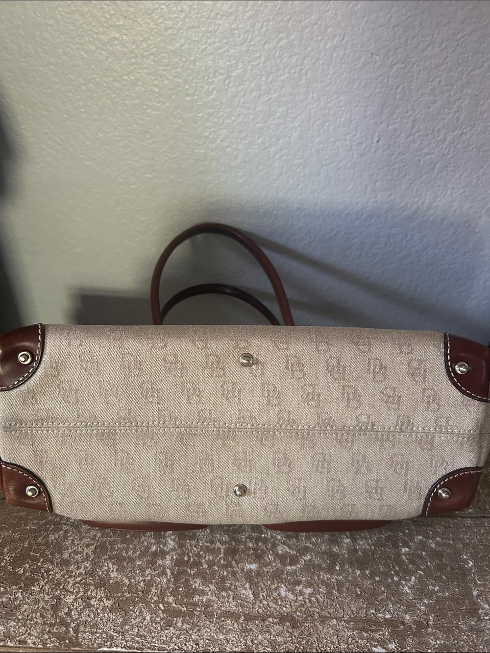 Dooney & Bourke Cream Canvas Satchel with Brown Leather Trim and Front Pockets - Picture 11 of 11